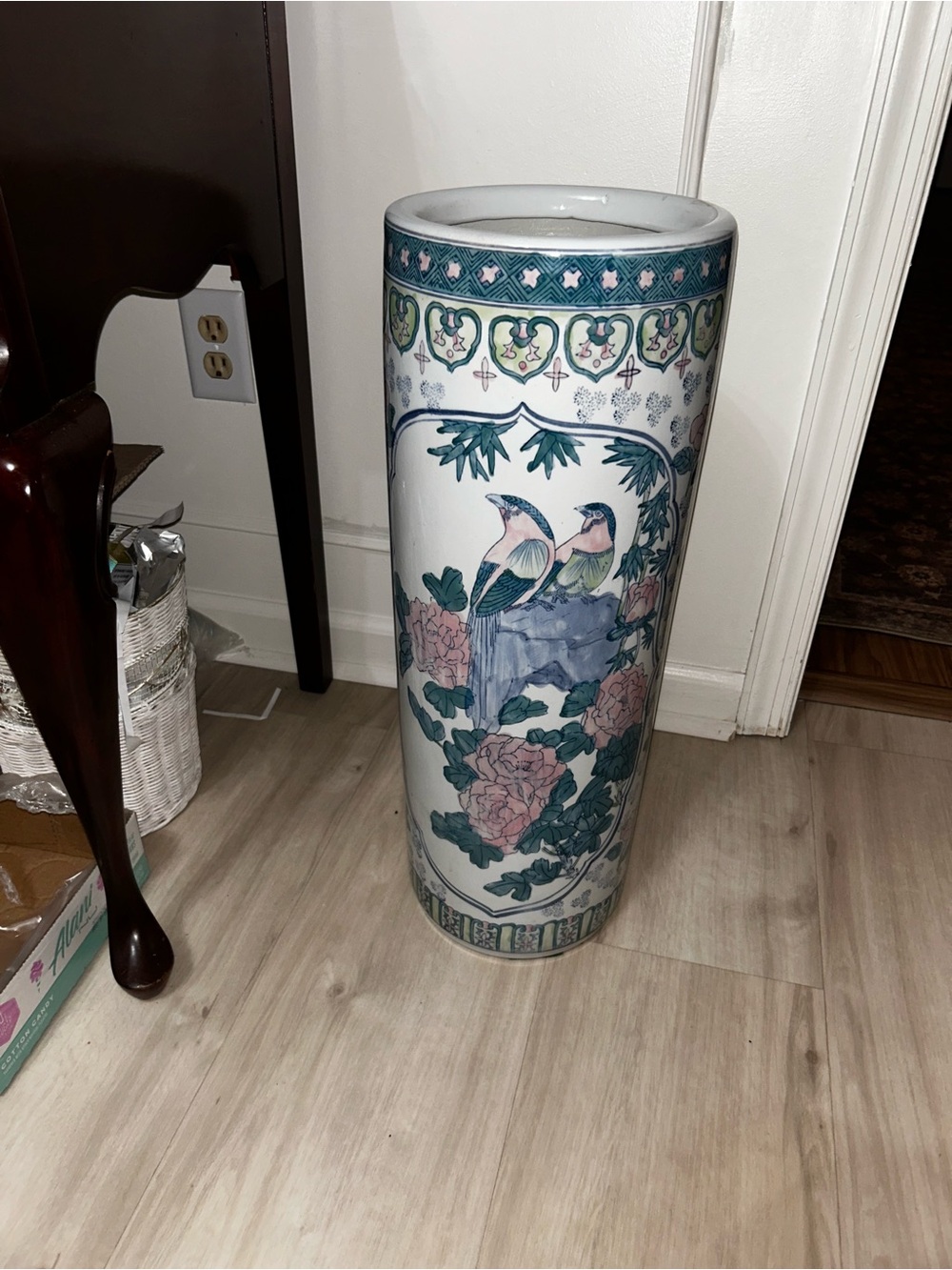 Vintage Macau Chinoiserie Ceramic Umbrella Stand, Hand Painted Pink Peonies bird